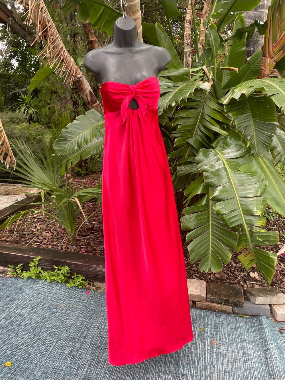 Red strapless satin gown